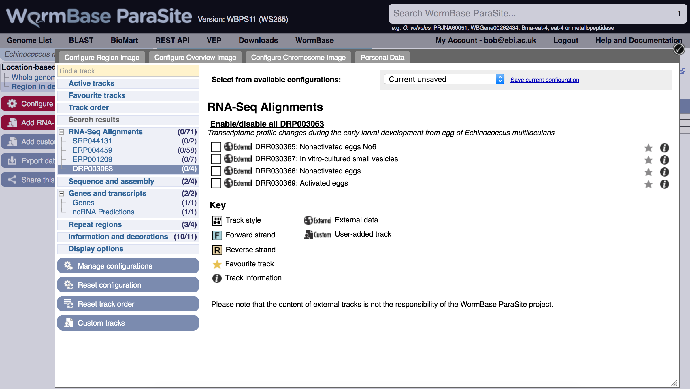 Genome browser menu, tracks for RNASeq study