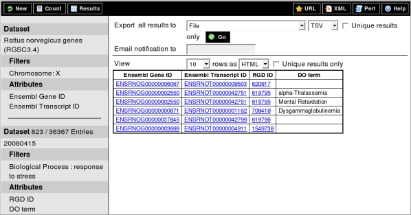 screenshot of the biomart interface